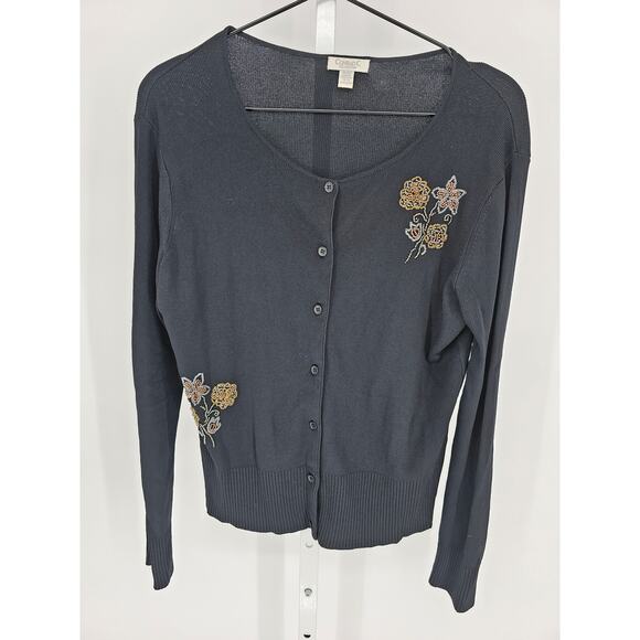 Vintage Conrad C Womens Sz M Lightweight Cardigan Sweater Beaded Floral Black - Picture 1 of 4
